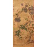 A GOOD CHINESE HANGING SCROLL PICTURE, the picture depicting scenes of birds amongst native flora,