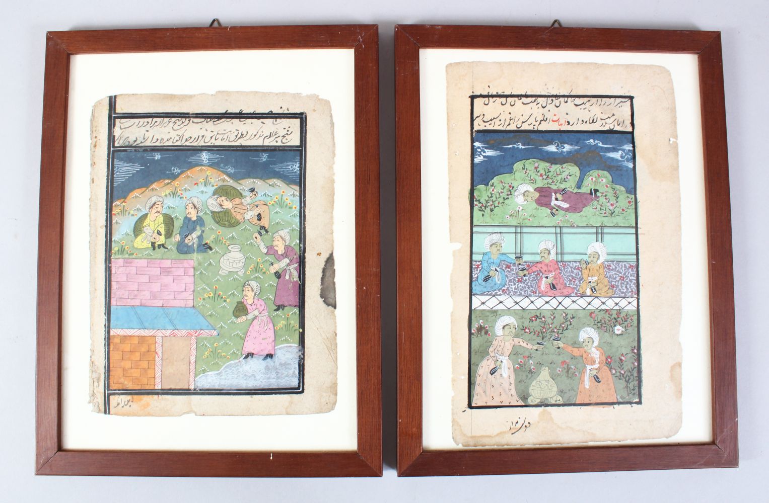 TWO PIECES OF INDAIN SCHOOL ILLUSTRATED MANUSCRIPT, depicting figures drinking in a garden