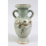 A GOOD CHINESE / KOREAN 20TH CENTURY CELADON GROUND CRACKLE GLAZE VASE, the body of the vase with