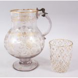 A 19TH CENTURY OTTOMAN TURKISH BEYKOZ GLASS JIG & BEAKER, with gilt decoration, 22.5cm high & 11cm