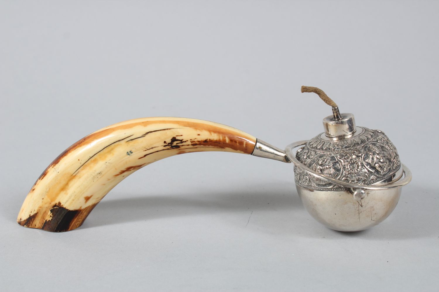 A 19TH CENTURY INDIAN SILVER AND BOARS TUSK CIGAR LIGHTER, 22.5cm long. - Image 2 of 4
