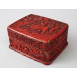 A GOOD 19TH CENTURY CHINESE CINNABAR LACQUER LIDDED BOX, the box carved in relief to depict scenes