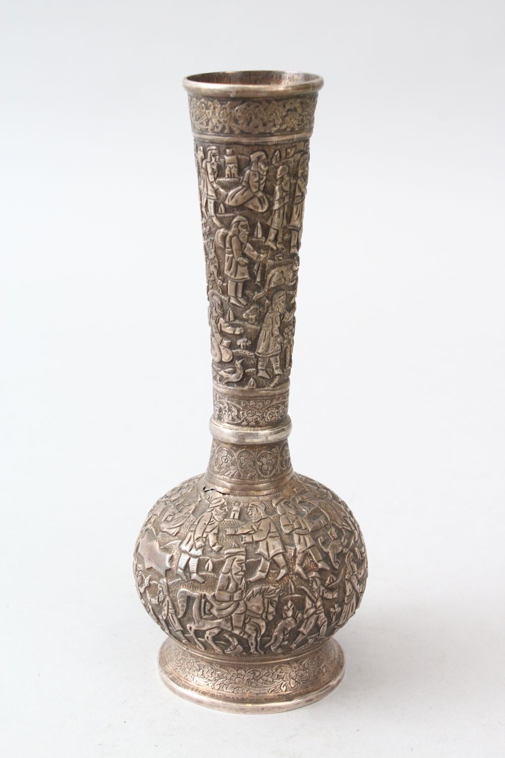 A VERY FINE 19TH CENTURY PERSIAN QAJAR SHIRAZ, SILVER BOTTLE VASE, with finely embossed and chased - Image 2 of 7