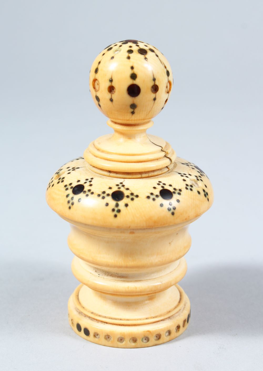 A GOOD 19TH CENTURY INDIAN INLAID IVORY FINIAL, 10cm high x 5.5cm wide.