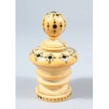 A GOOD 19TH CENTURY INDIAN INLAID IVORY FINIAL, 10cm high x 5.5cm wide.