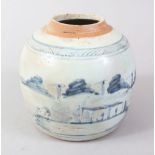 AN 18TH CENTURY CHINESE BLUE & WHITE GINGER JAR, decorated with scenes of figures at waterside