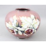 A LARGE JAPANESE TAISHO PERIOD GLOBULAR CLOISONNE VASE BY ANDO, the pink ground with display of