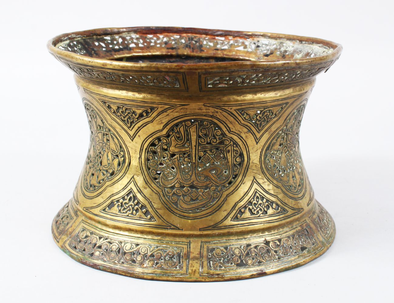 A 19TH CENTURY, OR EARLIER, MAMLUK REVIVAL TRAY STAND, with pierced decoration and calligraphy, 14.