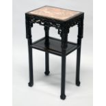 A 19TH CENTURY CHINESE HARDWOOD MARBLE TOP TWO TIER STAND, the stand with carved decoration, 46cm