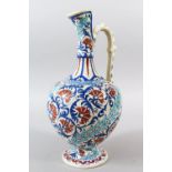 A GOOD EUROPEAN CERAMIC EWER, made for the Islamic market, painted in red and blue on a white