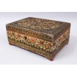 A GOOD 19TH CENTURY INDIAN HAND PAINTED AND CARVED CASHMIRE BOX, the box decorated to depict