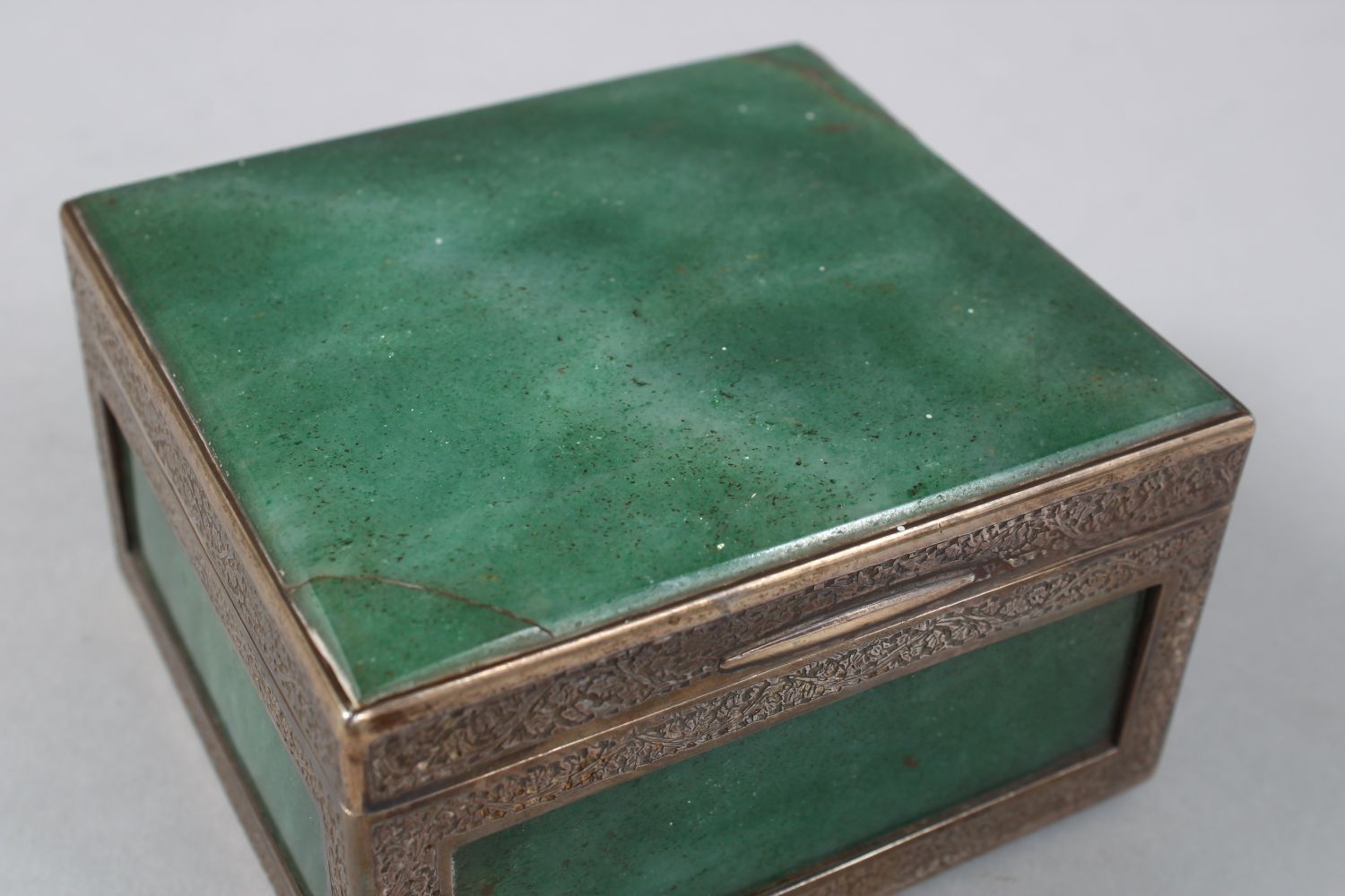 A COLLECTION OF THREE INDIAN CASHMIRI SILVER MOUNTED GREEN HARDSTONE BOXES, largest 10cm wide - Image 6 of 6