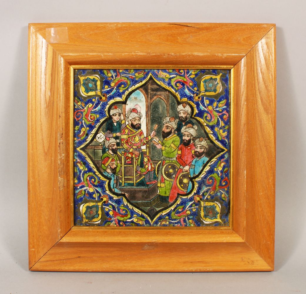 A FINE QAJAR CERAMIC SQUARE TILE, depicting a seated Ruler and Attendants, Framed 18cm x 18cm.