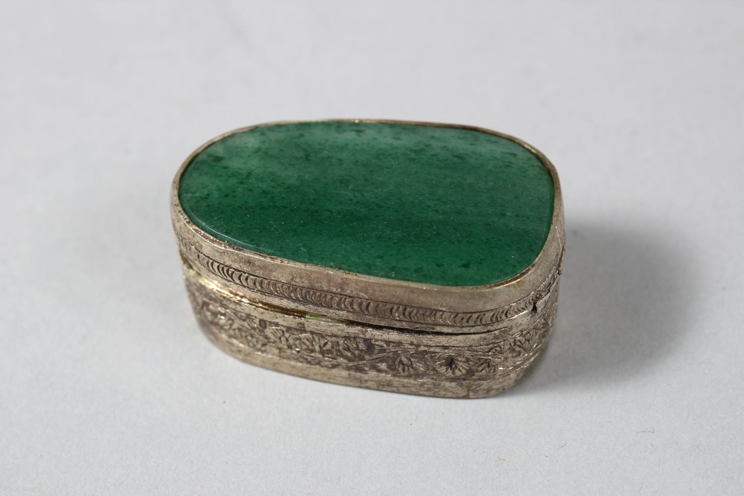 A COLLECTION OF THREE INDIAN CASHMIRI SILVER MOUNTED GREEN HARDSTONE BOXES, largest 10cm wide - Image 2 of 6