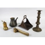 FIVE ISLAMIC PIECES, a Stirrup, Ewer, Candlestick, Mill, and a Pipe (5).