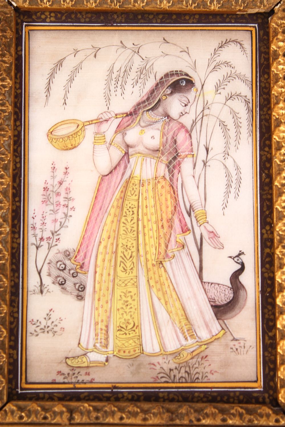 INDIAN SCHOOL, A FEMALE FIGURE HOLDING A MAGICAL INSTRUMENT, A PEACOCK BY HER SIDE, painted on a - Image 5 of 6