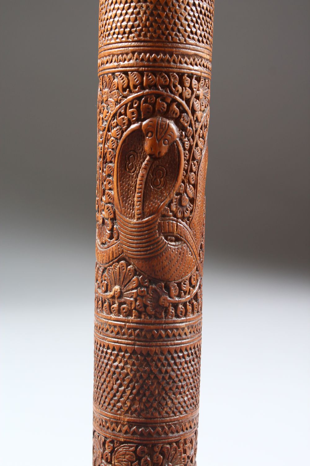 A 19TH CENTURY INDIAN CARVED SANDAL WOOD MAYSORE WALKING STICK, 87cm. - Image 6 of 10