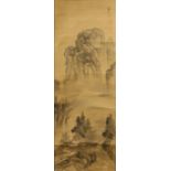 A 19TH / 20TH CENTURY CHINESE HANGING SCROLL PAINTING, a seated figure under a tree by a