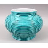 A GOOD CHINESE RIBBED TURQUOISE GLAZED PORCELAIN POT / JARDINIERE, The base with an impressed seal