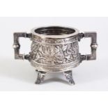 A GOOD 19TH CENTURY CHINESE SOLID SILVER TWIN HANDLED CUP, decorated in archaic style depicting