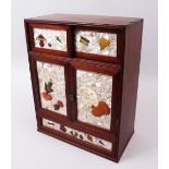 A GOOD JAPANESE MEIJI PERIOD HARDWOOD & SHIBAYAMA STYLE TABLE CABINET, the panels of the cabinet