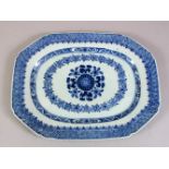 A GOOD 18TH CENTURY QIANLONG CHINESE BLUE & WHITE PORCELAIN MEAT PLATE, decorated with native