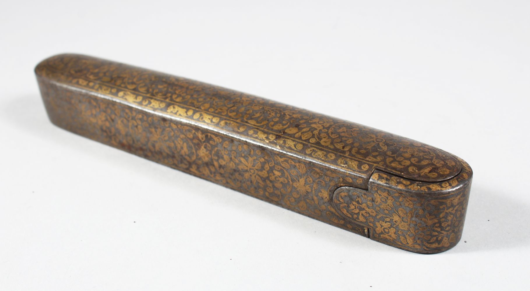 A GOOD 19TH CENTURY PERSIAN INLAID STEEL QALAMDAN PEN BOX, 20cm long.