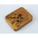 A GOOD QUALITY JAPANESE MEIJI PERIOD GOLD LACQUER LIDDED ONI BOX, the small box with metal liners to