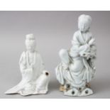 TWO GOOD 17TH /18TH CENTURY CHINESE KANGXI BLANC DE CHINE PORCELAIN FIGURES OF GUANYIN / LADIES, the