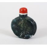 A 19TH / 20TH CENTURY CHINESE JADE / JADE LIKE SNUFF BOTTLE, with moulded sides, red glass