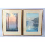 A GOOD PAIR OF JAPANESE SCHOOL WATERCOLOUR PAINTING, a temple at sunset and houses on a river at