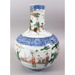 A GOOD 19TH / 20TH CENTURY CHINESE BLUE & WHITE FAMILLE VERT PORCELAIN BOTTLE VASE, decorated with