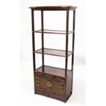 A GOOD 20TH CENTURY CHINESE ELM AND BRASS MOUNTED ROOM DIVIDER, with two open shelves above three