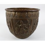 A GOOD AND LARGE INDIAN BRASS JARDINIERE, the body with panel decoration depicting figures and