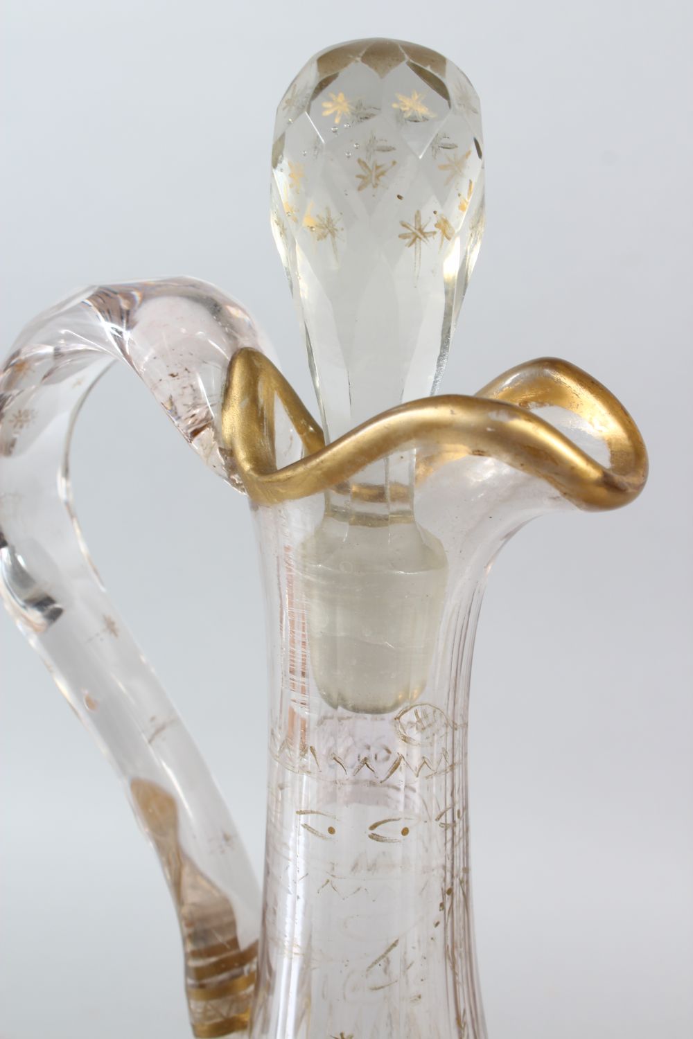 A SUPERB GILT DECORATED CUT GLASS EWER AND STOPPER, 41cm high, together with a cut glass pedestal - Image 2 of 4