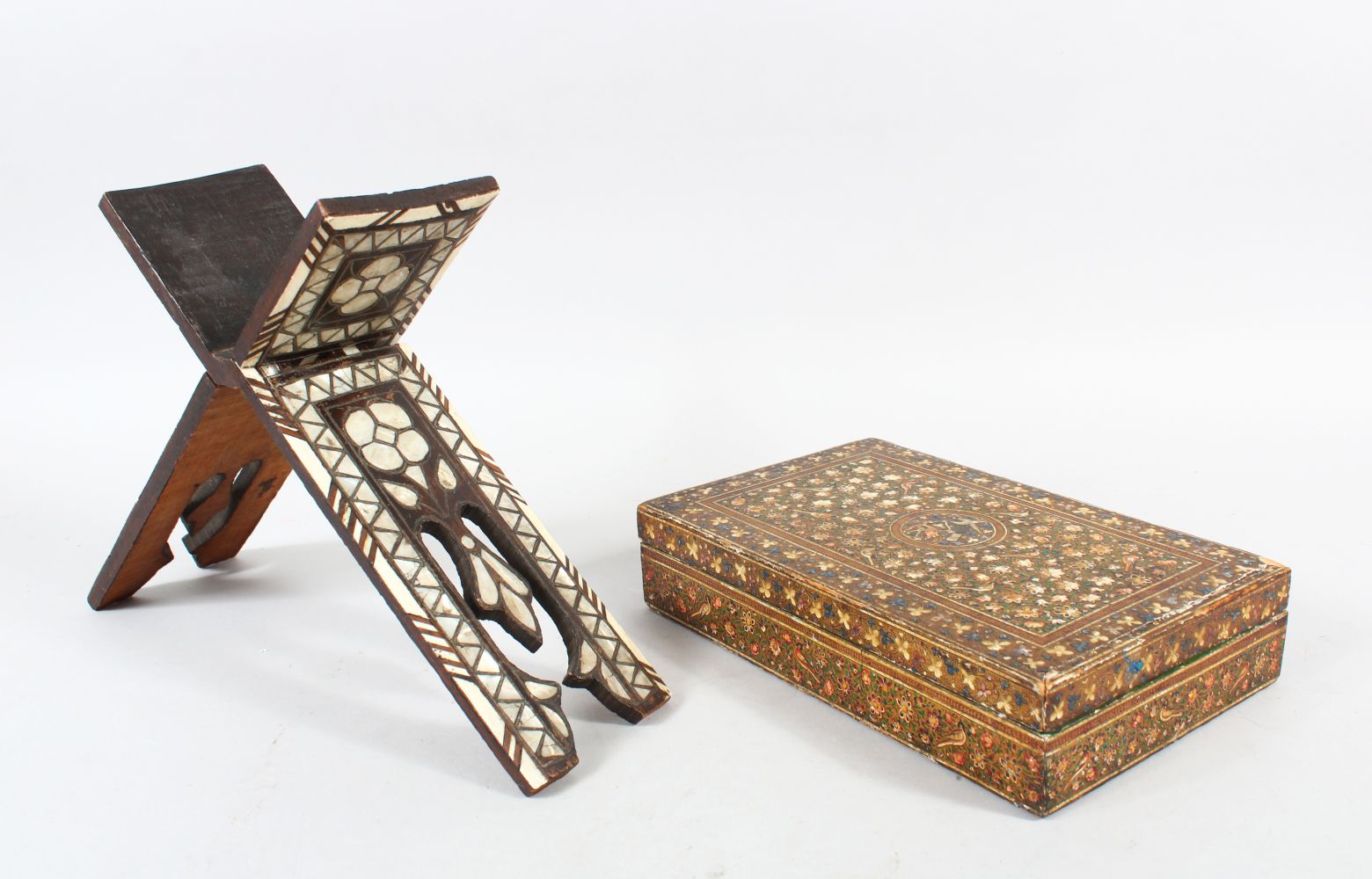 A MOTHER OF PEARL INLAID FOLDING QUARAN STAND, and a Kashmir Box (2).