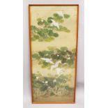 A GOOD CHINESE SCHOOL WATERCOLOUR ON SILK, depicting birds in flight amongst foliage, 117cm x 52cm.