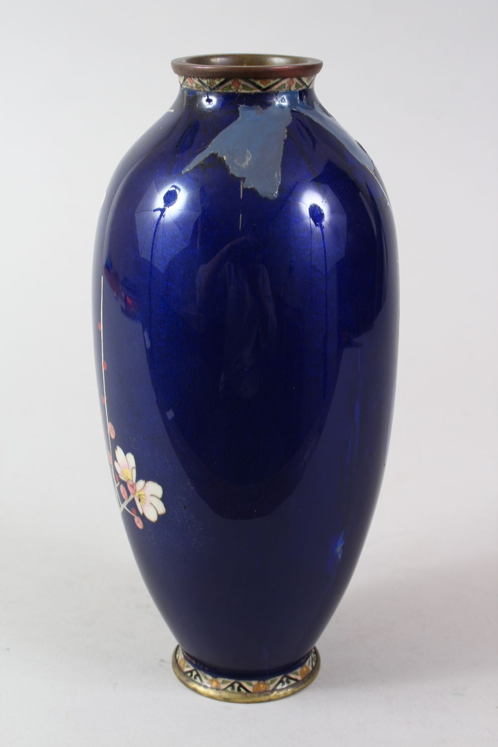 A JAPANESE MEIJI PERIOD CLOISONNE VASE, the rich blue ground with decoration of a bird amongst - Image 3 of 6