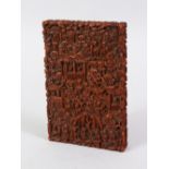 A GOOD 19TH CENTURY CHINESE CANTON CARVED SANDALWOOD CARD CASE, carved in deep relief to depict