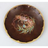 A GOOD JAPANESE 19TH / 20TH CENTURY BRONZE / METAL ENAMEL LOBSTER PLATE, the scalloped rim dish