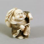 A JAPANESE MEIJI PERIOD CARVED IVORY NETSUKE OF HOTEI, stood with his lucky sack over his