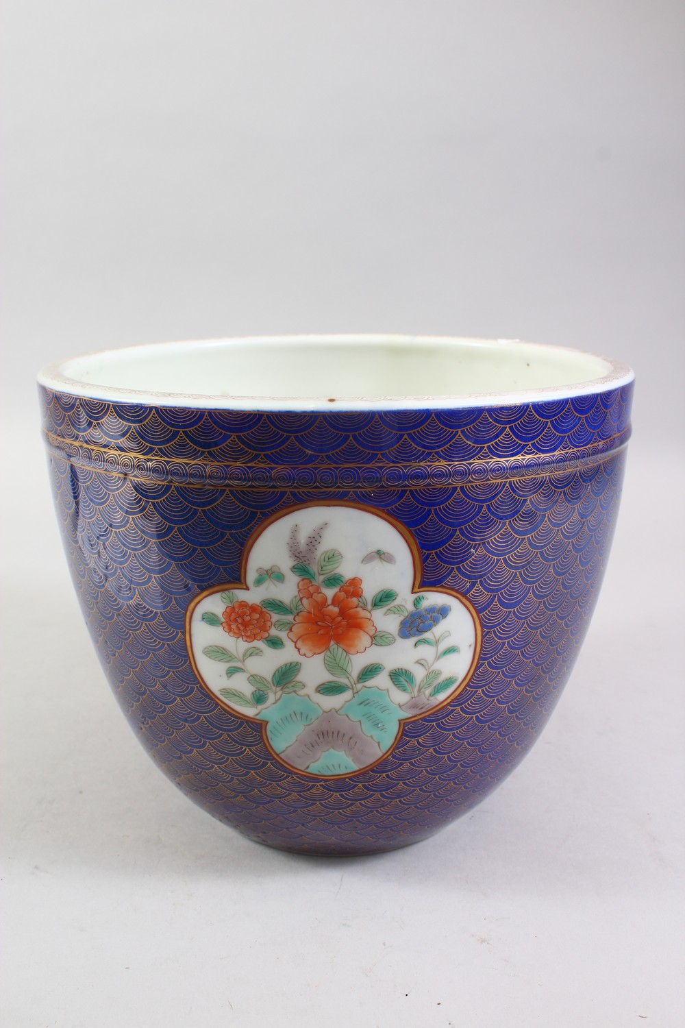 A JAPANESE MEIJI PERIOD POWDER BLUE & GILT DECORATION PORCELAIN JARDINIERE / POT, with panels of - Image 3 of 8