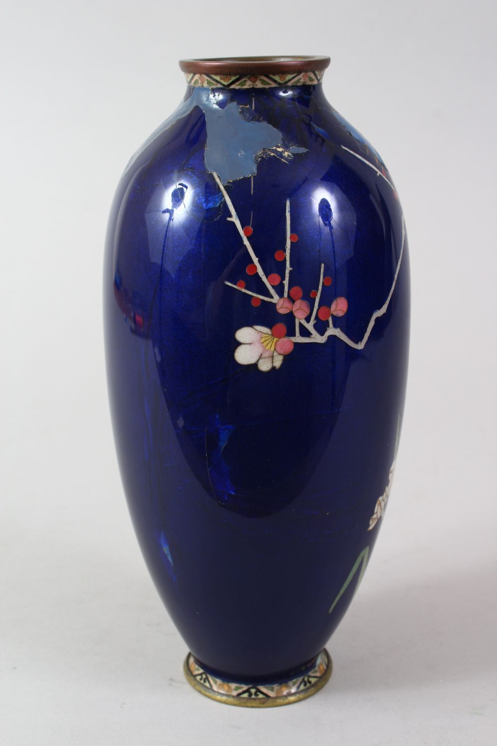 A JAPANESE MEIJI PERIOD CLOISONNE VASE, the rich blue ground with decoration of a bird amongst - Image 2 of 6