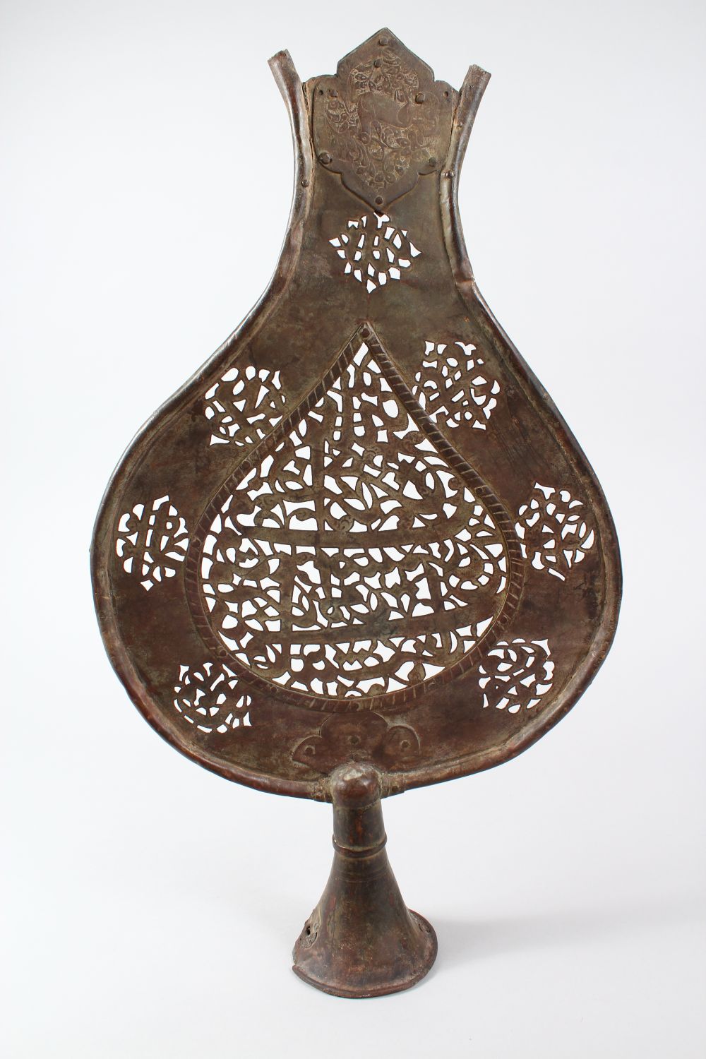 A LARGE 18TH CENTURY INDO PERSIAN COPPER CALLIGRAPHIC STANDARD, with pierced decoration, 52cm high x - Image 4 of 4