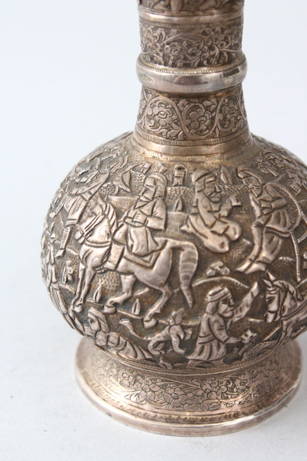 A VERY FINE 19TH CENTURY PERSIAN QAJAR SHIRAZ, SILVER BOTTLE VASE, with finely embossed and chased - Image 6 of 7