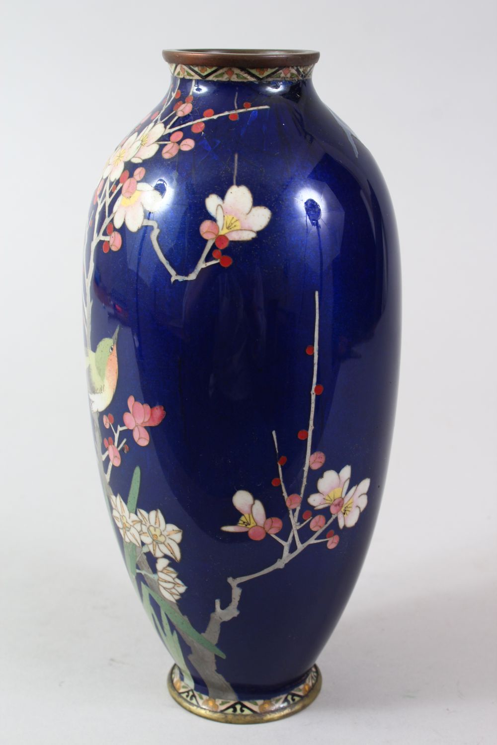 A JAPANESE MEIJI PERIOD CLOISONNE VASE, the rich blue ground with decoration of a bird amongst - Image 4 of 6