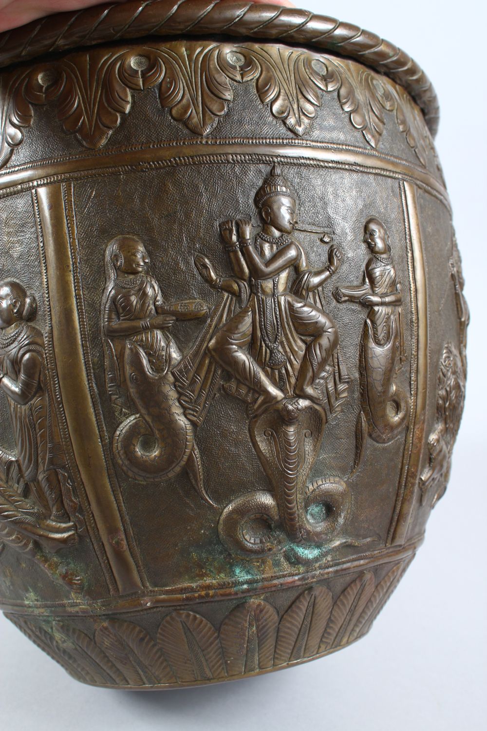 A GOOD AND LARGE INDIAN BRASS JARDINIERE, the body with panel decoration depicting figures and - Image 8 of 10