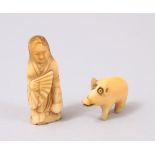 TWO ORIENTAL CARVED IVORY / BONE FIGURES, one of a pig, the other of a girl holding a fan, 4cm &