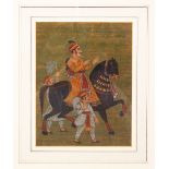 A FINE 18TH - 19TH CENTURY MUGHAL INDIAN MINIATURE PAINTING OF NOBLEMAN UPON HORSEBACK, framed