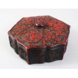 A GOOD 19TH CENTURY CHINESE QING DYNASTY CINNABAR LACQUER HEXAGONAL BOX & COVER, deeply carved all